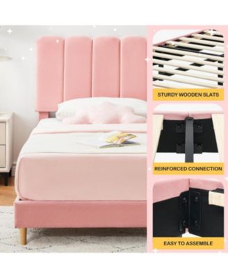 Twin Bed Frame, Velvet Upholstered Platform Bed with Wave Headboard for Girls/Kids, Easy Assembly, Wooden Slats Support, No Box Spring Needed