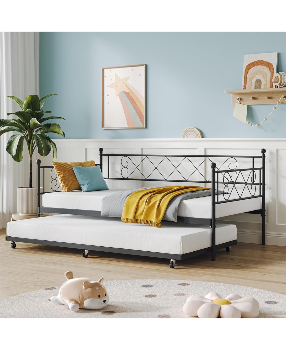 gaomon Metal Daybed with Trundle Bed, Modern Twin Sofa Bed Steel Slat Support, Space Saving Frame for Guest Room, Living Room