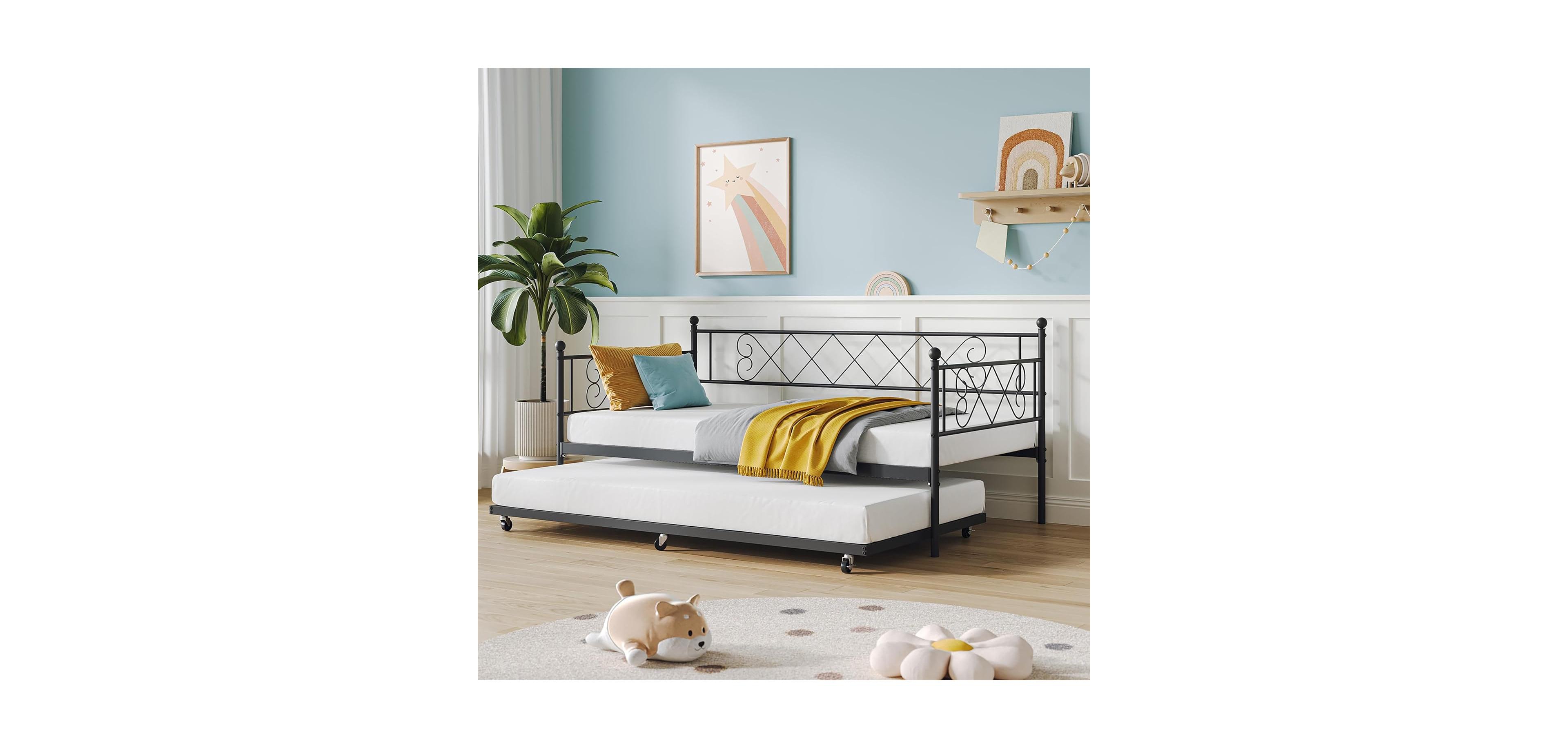 gaomon Metal Daybed with Trundle Bed, Modern Twin Sofa Bed Steel Slat Support, Space Saving Frame for Guest Room, Living Room