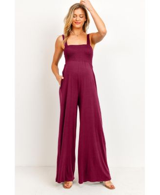 Maternity Sleeveless Smocked Bodice Wide-Leg Jumpsuit with Pockets