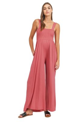 Maternity Sleeveless Smocked Bodice Wide-Leg Jumpsuit with Pockets