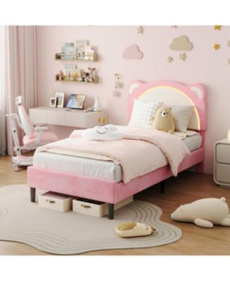  Upholstered Platform Bed Adjustable LED Headboard Wooden Slats Smart Light Design No Box Spring