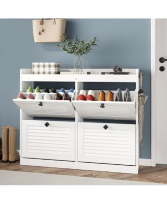 Large Shoe Storage Cabinet with 4 Flip Drawers Slim Shoe Organizer with Wooden Legs Freestanding Hidden Shoe Rack for Entryway Hallway Bedroom