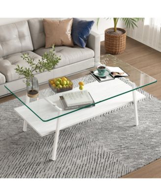 Rectangle Coffee Table, 2 Tier Center Table with Clear Tempered Glass Top and Metal Legs for Living Room