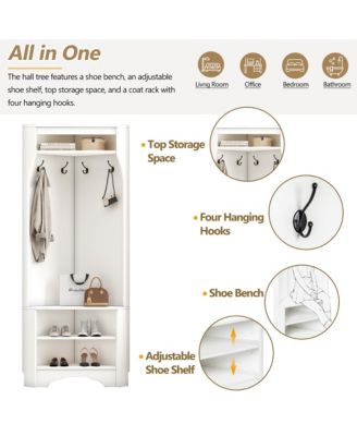 Corner Hall Tree - Versatile Entryway Coat Rack with 4 Hooks and Adjustable Shoe Shelf for Living Room, Hallway