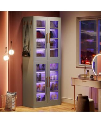 8-Tier Tall Shoe Storage with Acrylic Doors and LED Lights Set of 2, Organizer Rack with Adjustable Shelves and Hanging Hooks