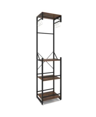 Freestanding Coat Rack with 6 Hooks and 4 Storage Shelves