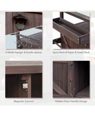 Outdoor Kitchen Island and Rolling Bar Cart, Farmhouse Solid Wood Grill Table with Stainless Steel Top, Spice Rack and Towel Rack