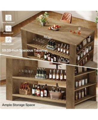 3-Tier Farmhouse Kitchen Island with Storage, 59'' Wooden Stationary Island Table with Open Shelves & Large Worktop & Leg Room