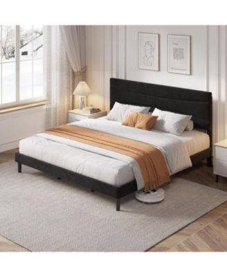 King Size Bed Frame with Headboard, Velvet Upholstered Platform Bed Frame No Box Spring Needed with Under-Bed Storage and Strong Wood Support