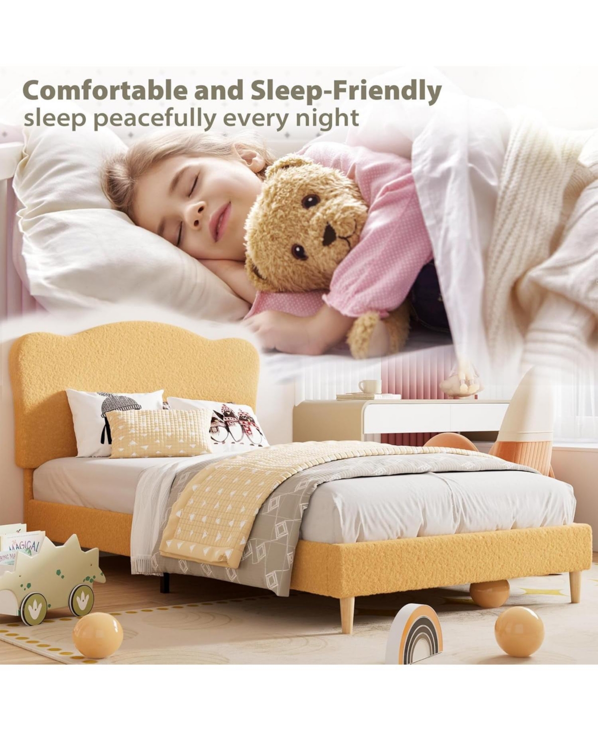 gaomon Twin Upholstered Platform Bed-Adjustable Headboard-Wood Slats-No Box Spring Needed