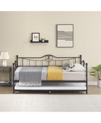 Daybed with Trundle Twin Day Bed 6 Wheels Art Sweet Heart Heavy Duty Metal Slats Pull Out Sofa Bed