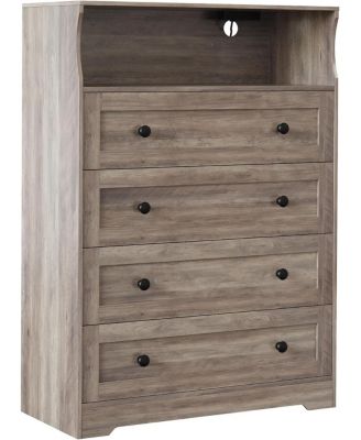 4 Drawer Wood Nightstand with LED Lights & Charging Station, Bedside Chest for Bedroom, Closet, Hallway