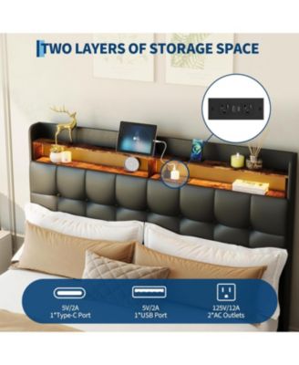 Queen Size Bed Frame with 2 Storage Drawers, Upholstered Bed Frame Queen with LED Light