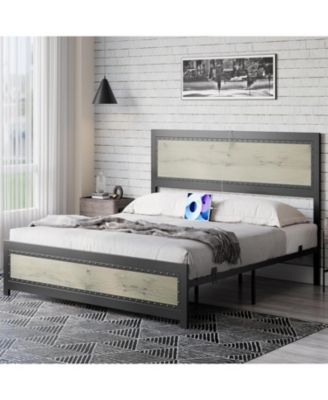 Bed Frame with Wood Rivet Headboard and Footboard, Industrial Platform Bed Frame Full Size with Charge Station, No Box Spring Needed