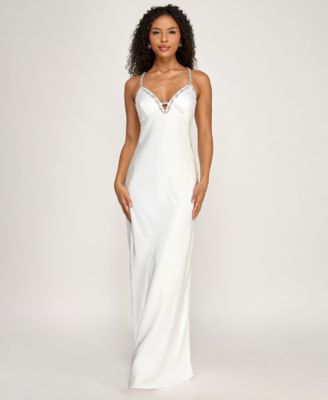 Juniors' Rhinestone Trim Long V-Neck Slip Dress