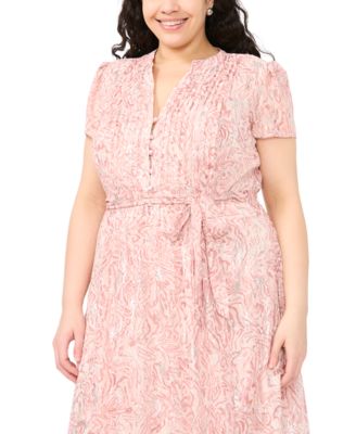 Plus Size Belted Short-Sleeve Split Crewneck Dress