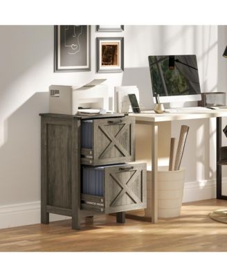 2 Drawer Vertical File Cabinet, Rustic Farmhouse Filing Cabinet with Barn Doors for A4/Letter Size, Printer Stand with Storage for Office
