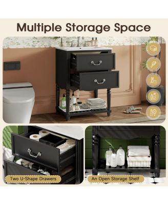 24 Inch Vintage Bathroom Vanity with Ceramic Sink, U-Shaped Drawers and Open Storage Shelf for Small Spaces-Sillysis