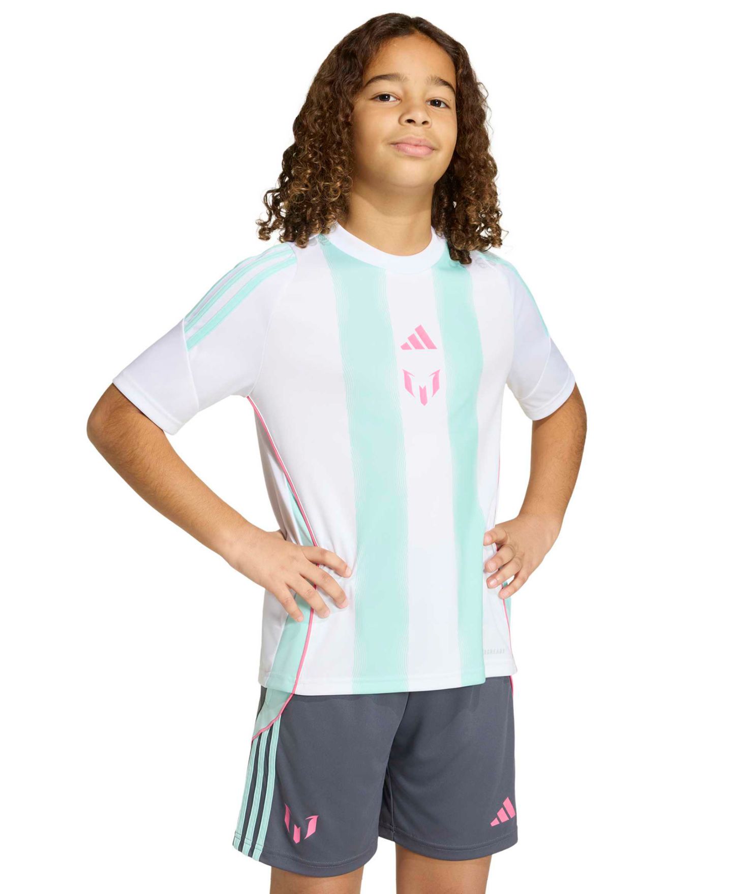 Детская тренировочная футбольная джерси adidas Messi, 6-20 лет, цвет: Белый / Аквамариновый — фото 3