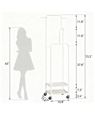 71" Heavy Duty Metal Clothes Rack, 3-Section, 6 Hooks, 2 Shelves, Portable