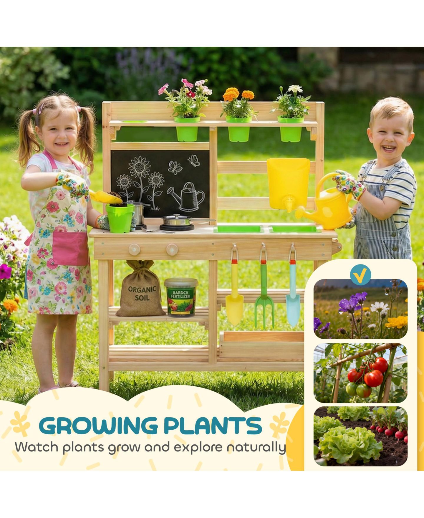 Детская игрушка Qaba Wooden Kids Mud Kitchen with Kitchenware and Garden Tools, цвет: Натуральный — фото 4