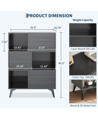 31" Fluted Sliding Door Sideboard,Modern Wooden Storage Cabinet with Metal Base, Floor-Standing Storage Cabinet