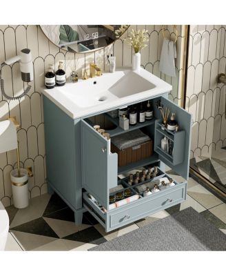 30 Bathroom Vanity with Ceramic Sink, Solid Wood Frame, Multi-Functional Cabinet & Drawer Storage for Modern Bathrooms