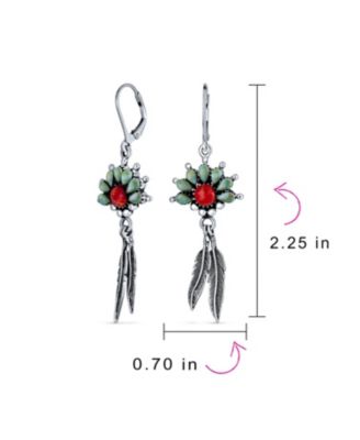 Western Style Squash Blossom Turquoise and Coral Feather Dangle Earrings .925 Sterling Silver