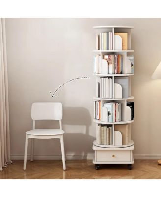 6 Tier Rotating Bookshelf with Drawers On Wheel, 360° Display Spinning Corner Bookcase, Wooden Storage Rack for Study Room, Office
