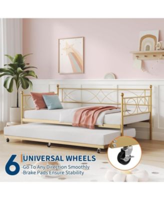 Twin Metal Daybed Frame with Trundle Heavy Duty Slats Platform Sofa Bed Lockable Casters for Living Room Bedroom Guest