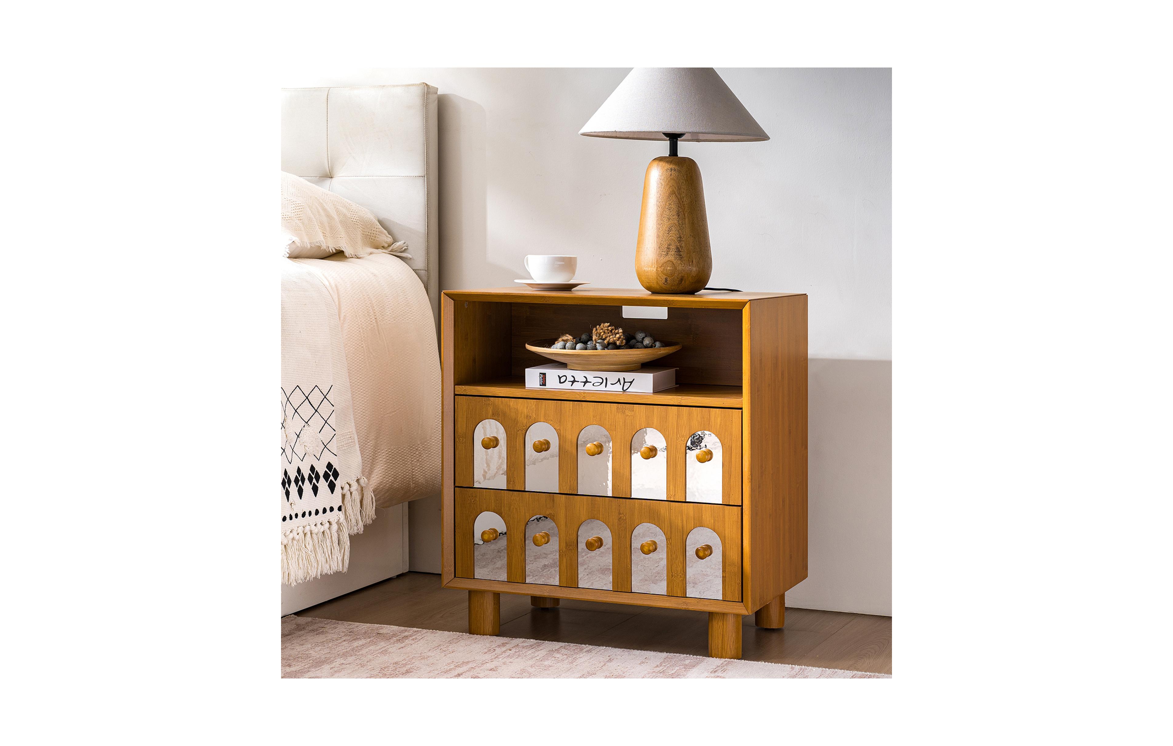 Rainsken Nightstand with 2 Drawers, Solid Wood Bedside Table with Charging Station, Curve Mirror Design, End Table for Bedroom