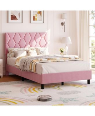 Platform Bed Heavy-Duty Upholstered Headboard Wooden Slats No Box Spring Easy Assembly Noise Free