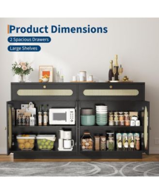 60" Rattan Sideboard Cabinet with Adjustable Shelves, Buffet with 2 Drawers and 4 Rattan Doors for Dining Room