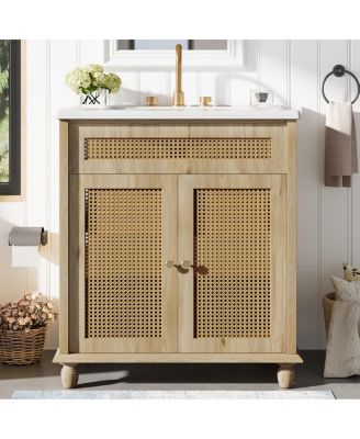 Natural Bathroom Vanity with Resin Sink, Freestanding Cabinet with Rattan Doors & Soft Close for Modern Storage
