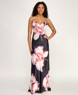 Juniors' Large Floral Printed V-Neck Slip Dress