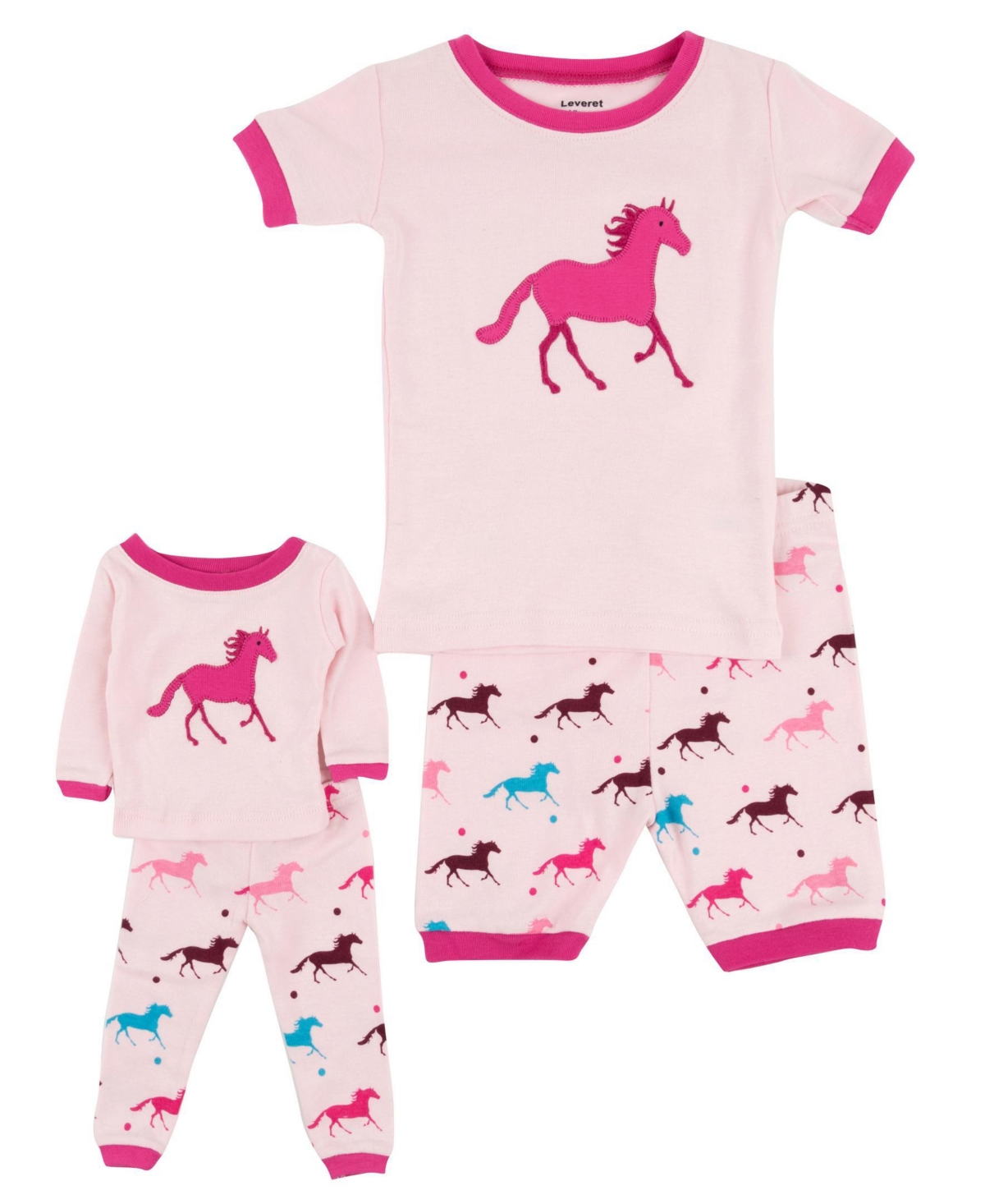 Leveret Big Girls Matching Doll Snug-Fit Cotton Short Sleeve Pajamas - Show horse pink