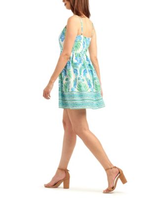 Women's Poplin Printed Sleeveless Square Neck Dress