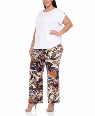 Plus Size Solid Top Paisley Print Pant Set