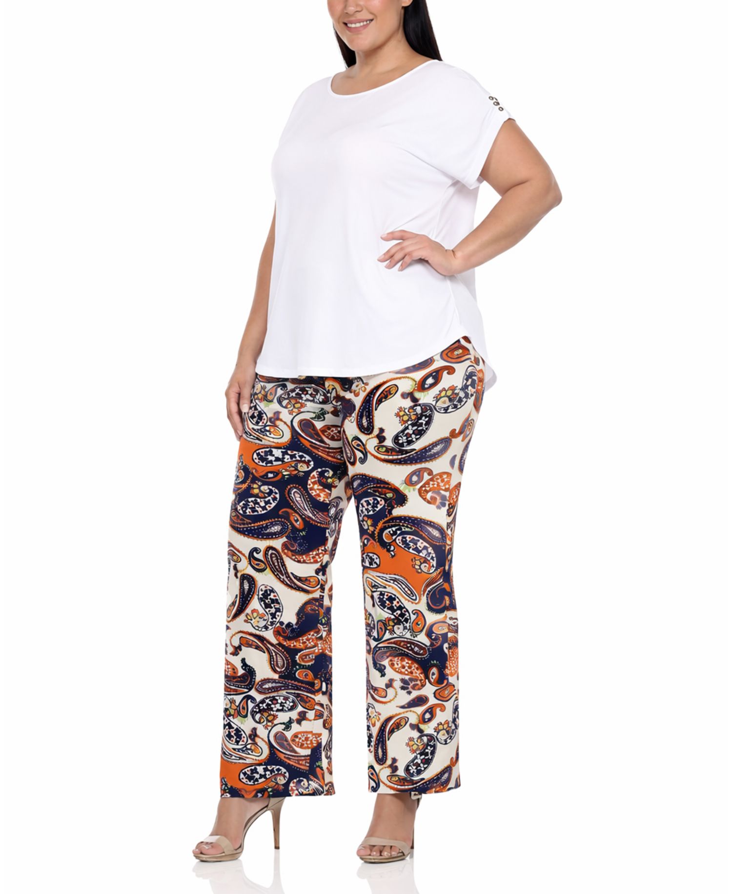 Plus Size Solid Top Paisley Print Pant Set