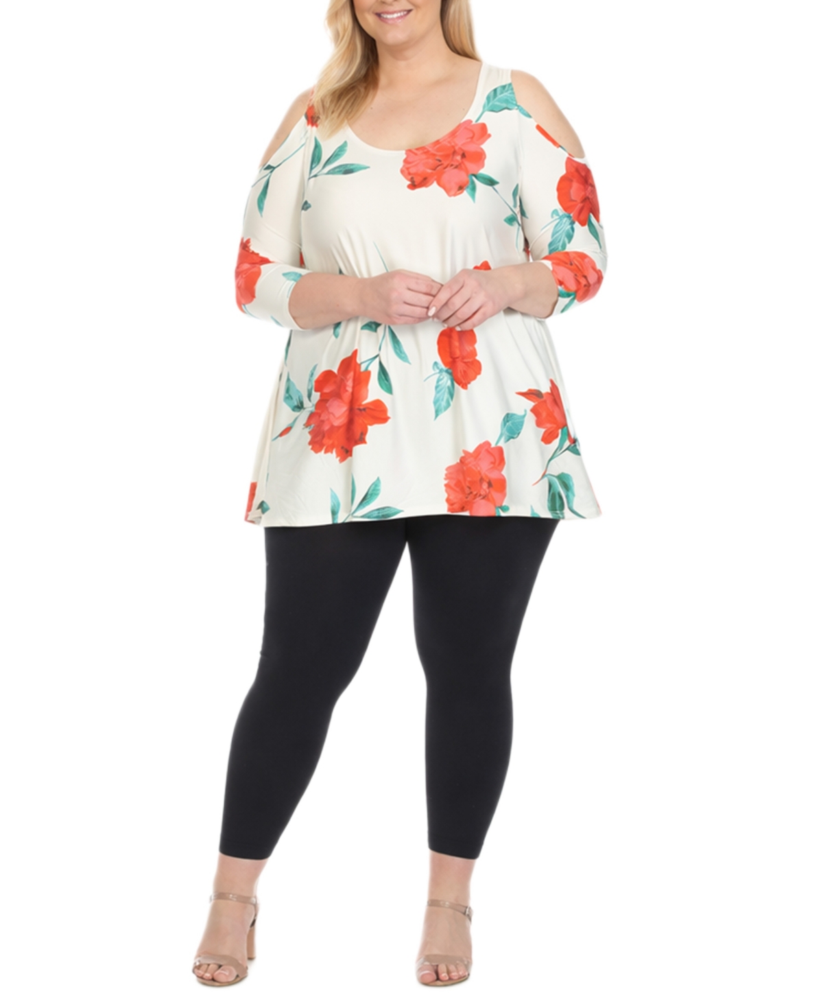 White Mark Plus Floral Cold Shoulder Knit Tunic Top