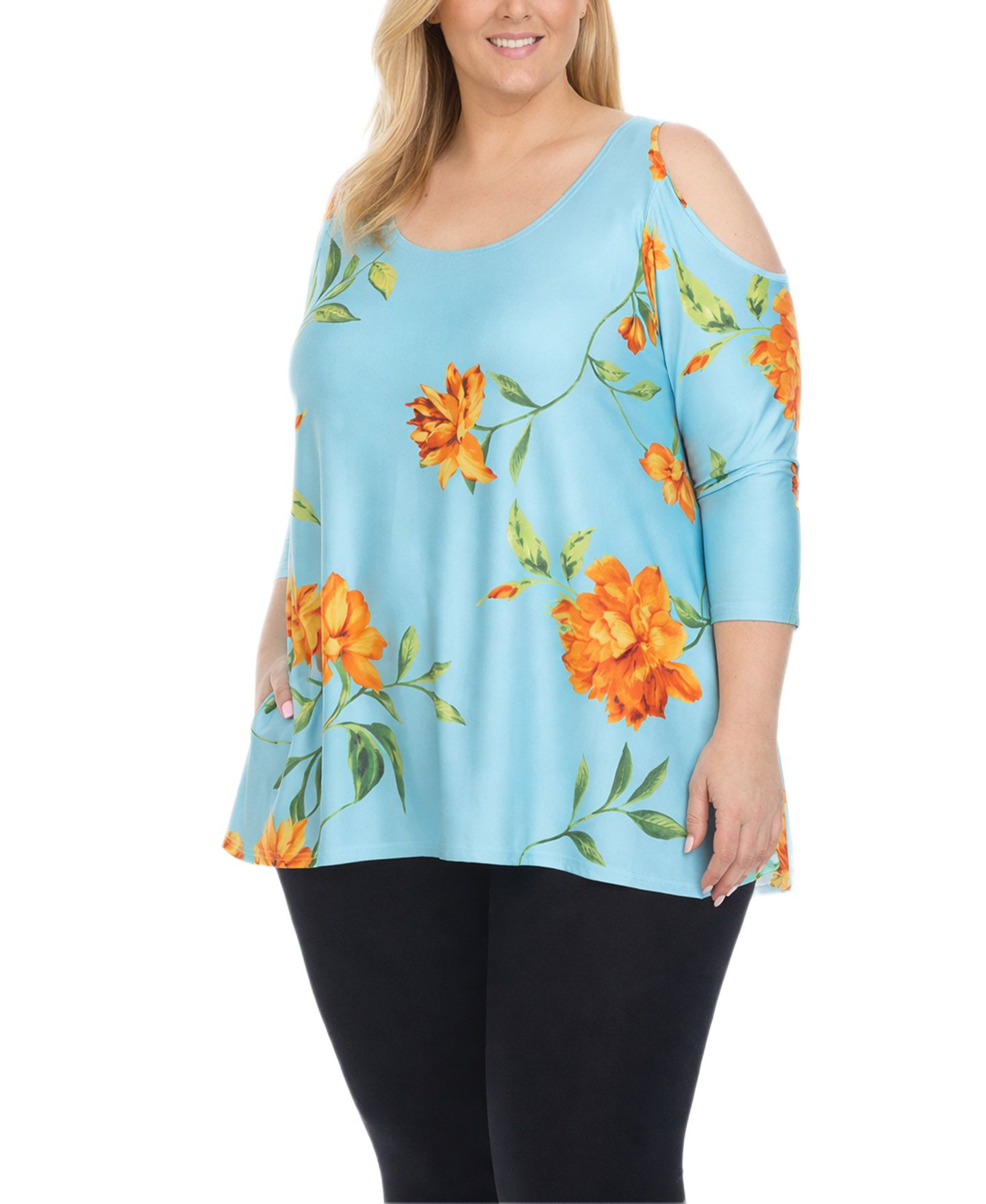 Женский топ White Mark Plus Size Floral Cold Shoulder Knit Tunic Top, цвет: Синий — фото 1