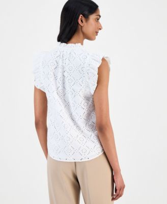 Women's Cotton Eyelet Flutter-Sleeve Top