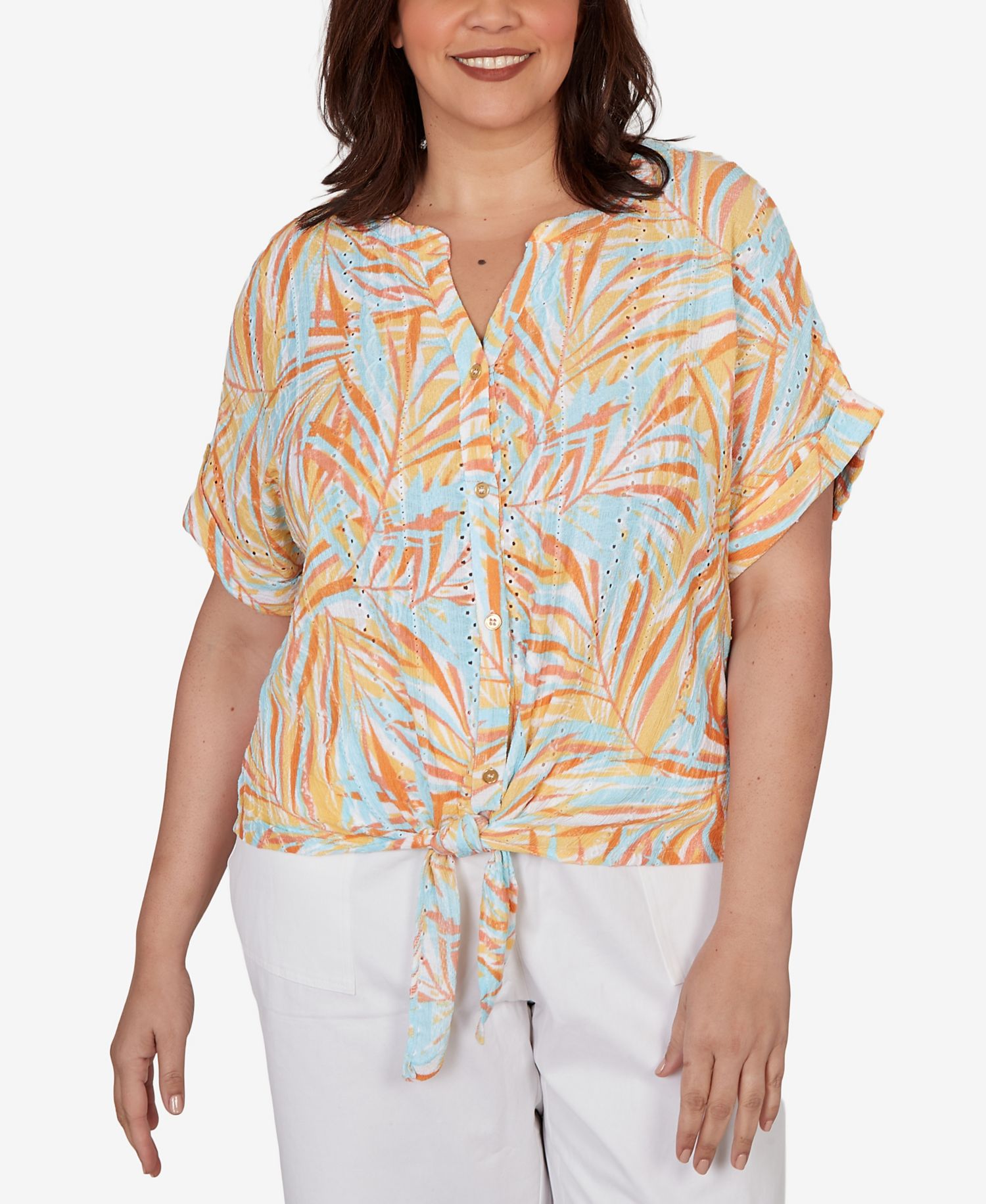 Plus Size Printed Eyelet Gauze V-neck Top with Tie-Front