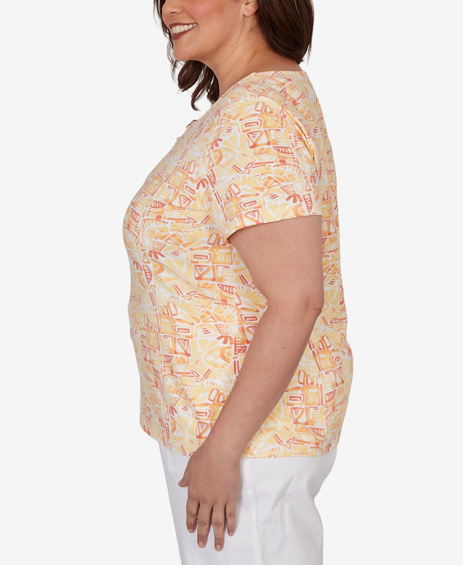 Plus Size Printed Stretch Jersey Short-Sleeve Bead Neck Top