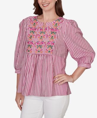 Plus Size Embroidered Placket Stripe Top