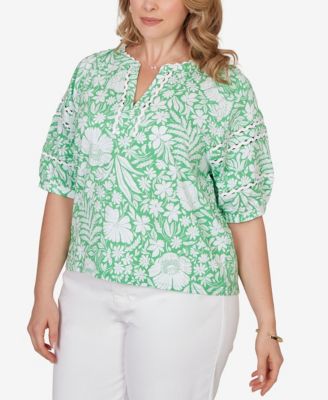 Plus Size Tropical Floral Trim Knit Top