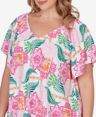 Plus Size Tropical Floral Eyelet Flutter Sleeve Top