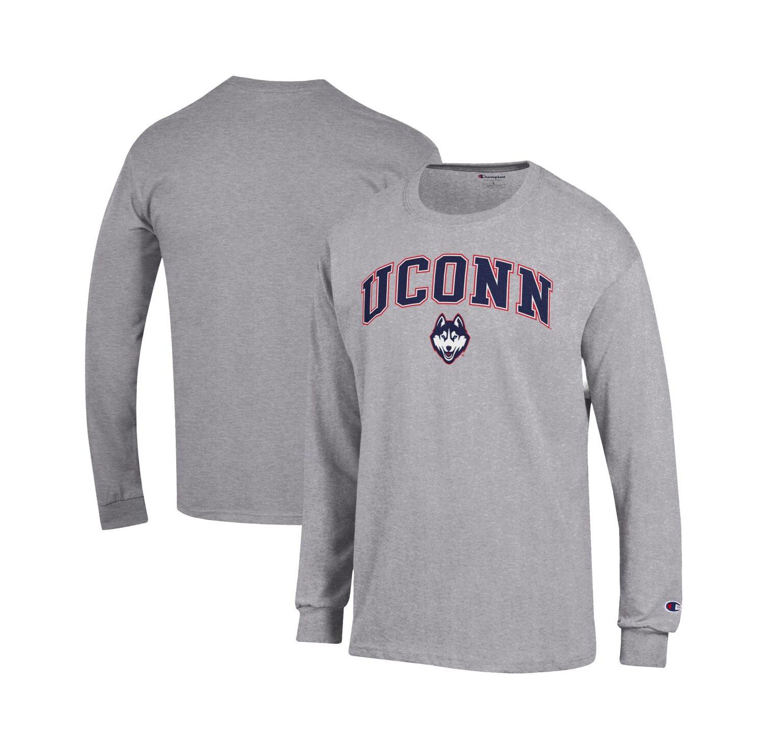 Men's Champion Heather Gray UConn Huskies Arch Over Logo Long Sleeve T-Shirt