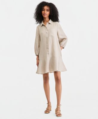 Women's 100% Linen Button-Front 3/4-Sleeve Dress